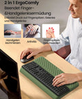 Person using All In One Ergonomic Keyboard Stand With Built In Wrist Rest And Memory Foam Pad No Slip Desk Cushion on office desk.