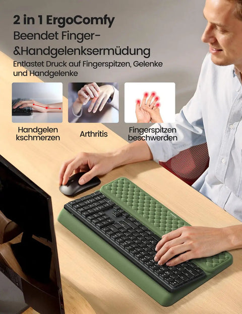Person using All In One Ergonomic Keyboard Stand With Built In Wrist Rest And Memory Foam Pad No Slip Desk Cushion on office desk.