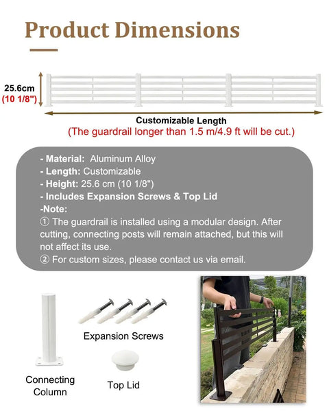 Heavy Duty Aluminum Balcony Railing Height Extender With Solid Anti Fall Safety Guard To Keep Kids And Dogs Secure Add Quick Patio Privacy Weatherproof Outdoor Upgrade showing dimensions and installation components.