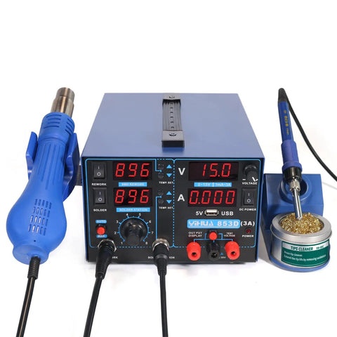 All In One Soldering Station With Hot Air Rework, Power Supply And USB 3A Output, 0 To 3A And 0 To 15V, on bench with tools