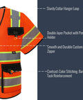 Boss Level High Visibility Reflective Safety Vest For Men And Women Featuring Long Sleeves And Storage Pockets Meets Ansi Class 3 Standards In Bright Orange with Collar Loop, Zipper, and Pockets.
