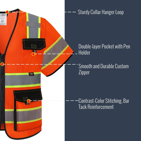 Boss Level High Visibility Reflective Safety Vest For Men And Women Featuring Long Sleeves And Storage Pockets Meets Ansi Class 3 Standards In Bright Orange with Collar Loop, Zipper, and Pockets.