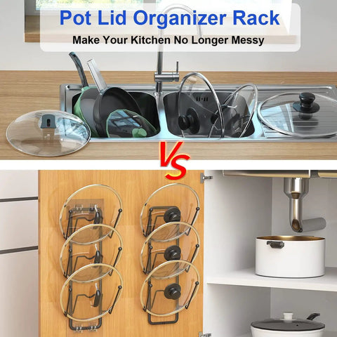 Comparison of messy pot lid storage versus a 2 Pack 6 Tier Pot Lid Organizer For Cabinet With Wall Mount And Strong Adhesive Backing.