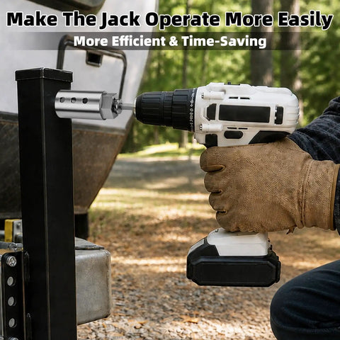 Heavy Duty Trailer Jack Drill Adapter Kit For One Inch Jack Drive Shafts With Dual Half Inch Socket Bits, drill in use.