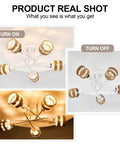 Five Light Matte White Sputnik Ceiling Light Fixture With Wood Band Accents Semi Flush Mount turned on and off view
