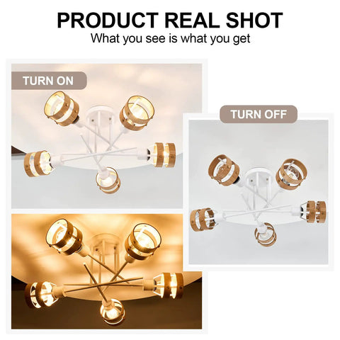 Five Light Matte White Sputnik Ceiling Light Fixture With Wood Band Accents Semi Flush Mount turned on and off view