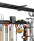 64 Inch Adjustable Garage Tool Organizer Wall Mounted Storage System With 10 Hooks Heavy Duty Steel Garden Tool Holder displaying tools