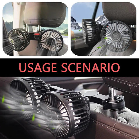 Dual Head Car Seat Headrest Fan With 360 Degree Rotating No Sweat USB Powered Silent Motor For Smooth Rear Passenger Comfort showing usage on car seats.