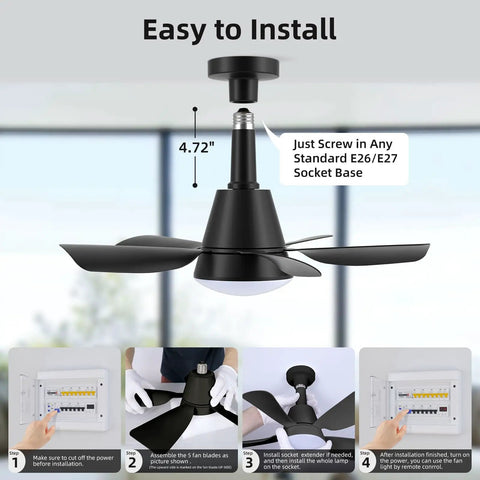 Lit 2 In 1 Socket Ceiling Fan With Light And Remote, showing installation steps, 16.5-inch diameter, 4.72-inch extender, black finish