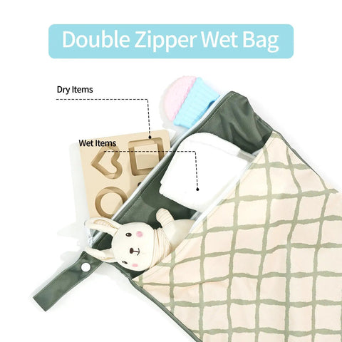Dual Compartment Wet Dry Bag With Two Zippered Pockets Waterproof Reusable Travel gear showing wet and dry items divided