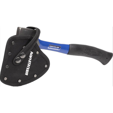 All Steel Camp Axe With Shock Absorbing Handle And Flat Beveled Face, Slip Resistant Grip, Made In The USA, Includes Sheath And Nail Slot