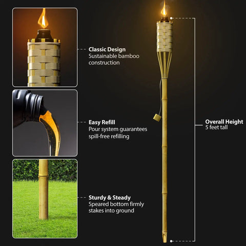 Bamboo Tiki Torches Outdoor Mosquito Repellent 12 Pack, 60 Inch Tall Garden And Backyard Lights, Citronella Oil Lamps diagram