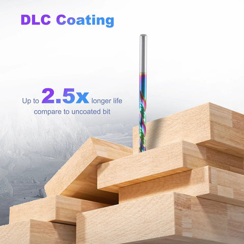 Five Pack One Eighth Inch Shank Compression Router Bits With Two Flute Up And Down Cut End Mills Pro Grade Solid Carbide With DLC Coating displayed against wood blocks.