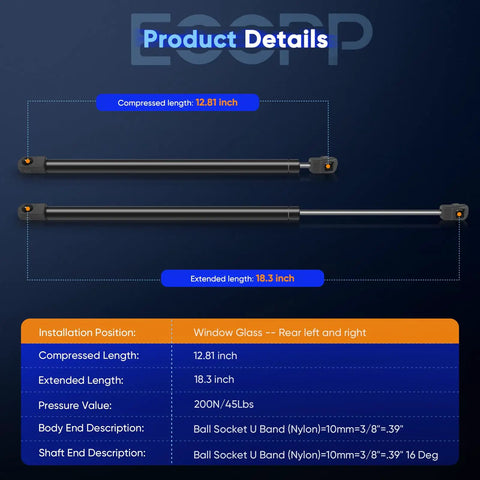 2 Pack Beefy Lift Support Struts for Ford Expedition and Lincoln Navigator 2007-2013 details showing lengths and installation positions