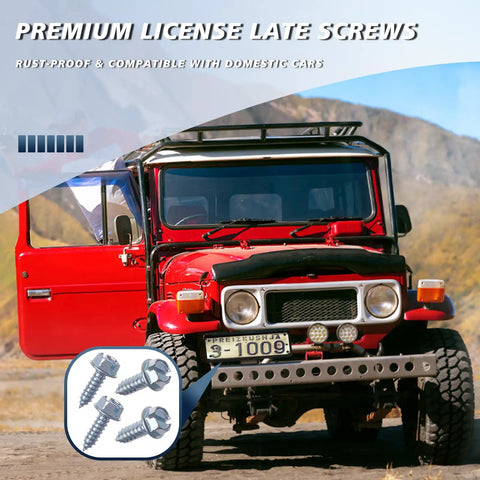 Straight Up Premium Chrome License Plate Screws For Your Sweet Ride Rustproof Anti Rattle Bolt Kit 100 Piece Set mounted on red off-road vehicle.