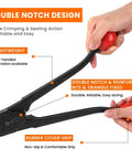 Heavy Duty Steel Strapping Sealer And Crimper Tool Featuring Double Notched Front Action, rubber grips for comfortable use.