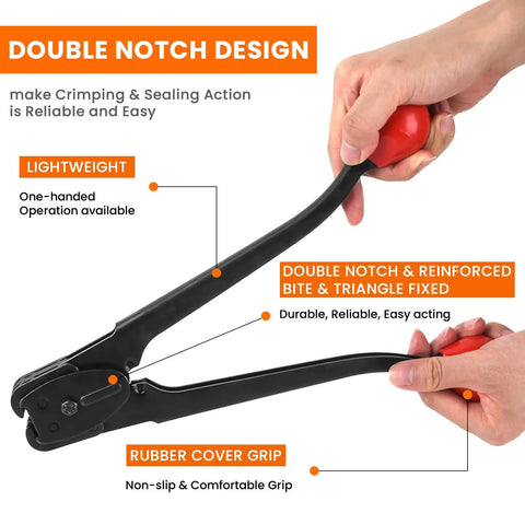Heavy Duty Steel Strapping Sealer And Crimper Tool Featuring Double Notched Front Action, rubber grips for comfortable use.