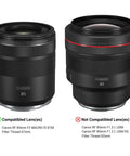 Comparison of compatible Canon RF 85mm F2 Macro IS STM lens and non-compatible RF 85mm F1.2 L USM lens for reversible lens hood.