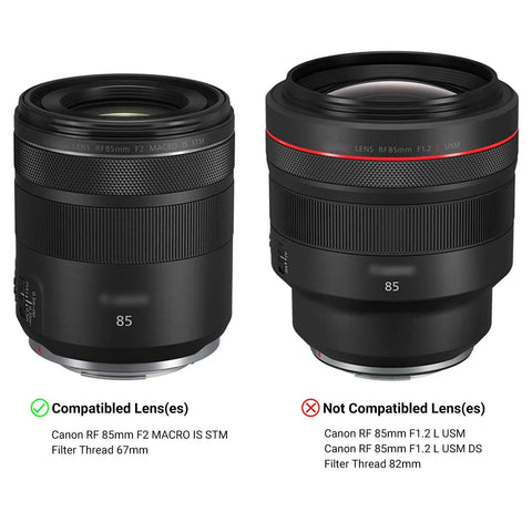 Comparison of compatible Canon RF 85mm F2 Macro IS STM lens and non-compatible RF 85mm F1.2 L USM lens for reversible lens hood.