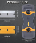 All In One Razor Blade Scraper Tool Set 2 Piece With 20 Replacement Blades shown with size dimensions in grey and yellow