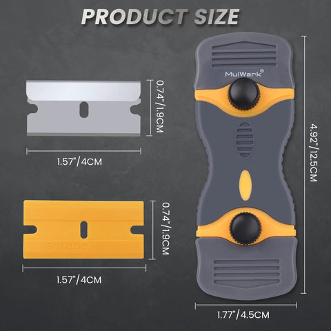 All In One Razor Blade Scraper Tool Set 2 Piece With 20 Replacement Blades shown with size dimensions in grey and yellow