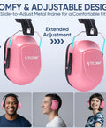 Soft Pink Hearing Protection Ear Muffs For Adults With 26 dB NRR Adjustable Safety Earmuffs shown with adjustable metal frame and extended adjustment feature.