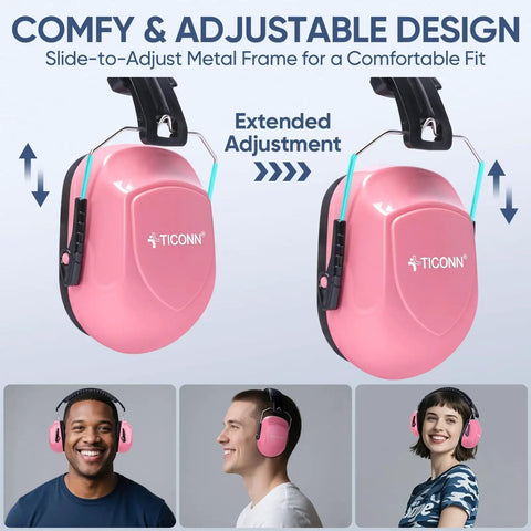 Soft Pink Hearing Protection Ear Muffs For Adults With 26 dB NRR Adjustable Safety Earmuffs shown with adjustable metal frame and extended adjustment feature.