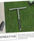 304 Stainless Steel Soil Sampler Tool With T Handle for lawn and garden testing, shown on artificial grass with a shovel nearby.