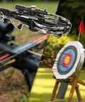 Crossbow aiming at target showcasing Premium Aluminum Arrow Rest for Crossbows, Pro Grade Precision with Low Friction Spring Rollers.
