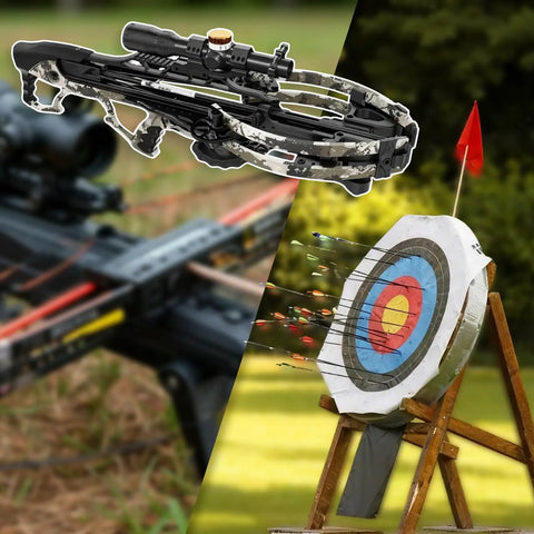 Crossbow aiming at target showcasing Premium Aluminum Arrow Rest for Crossbows, Pro Grade Precision with Low Friction Spring Rollers.