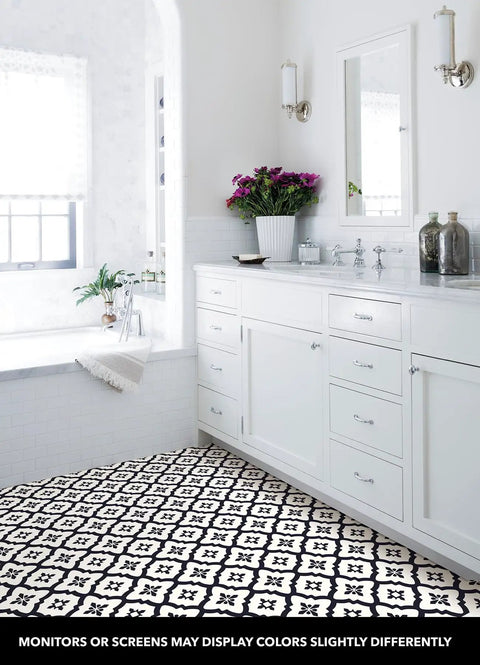 Bathroom with Geometric Black Peel And Stick Floor Tiles 12 By 12 Inches Vinyl Floor Tiles Water Resistant Pack Of 10 Easy Diy Install No Grout Needed Durable Low Luster Finish.