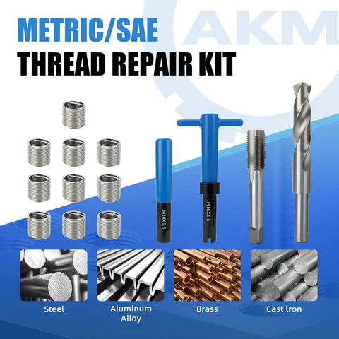 15 Piece M16x1.5 Thread Repair Kit Set With Stainless Steel Wire Coil Inserts for aluminum and metal repairs, tools included.