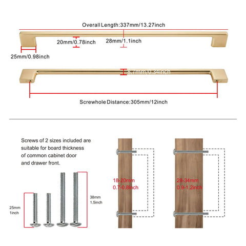 Diagram of Five Pack Classic Cabinet Handles Champagne Bronze Zinc Alloy Furniture Pulls, 12 And 305mm Screw Spacing