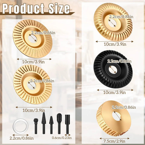 Pro Grade Wood Carving Disc Kit for 4 and 4.5 Inch Angle Grinders with 7/8 Inch Arbor size chart and components