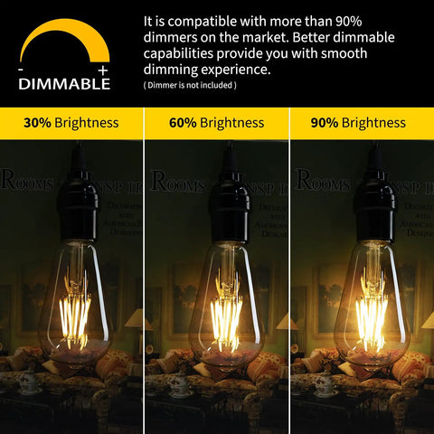 Six Pack Vintage Style LED Edison Light Bulbs, 6W Realistic Filament, dimmable brightness levels 30%, 60%, and 90% shown