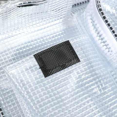 Close-up view of the Clear Antistatic Crossbody Tool Bag Hella Durable Cold Pvc Build detailing the mesh and velcro sections.