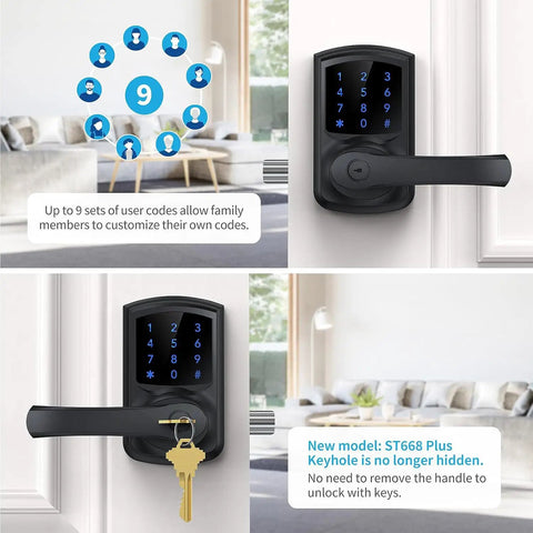Keyless Entry Door Lock With Handle And Digital Keypad, Smart Electronic Lock With Code, Blue Backlit Touchscreen.