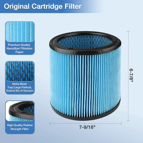 High Performance Vacuum Cartridge Filter For Five To Sixteen Gallon Wet Dry Vacuums With Nanofiber Filtration Reusable One Pack