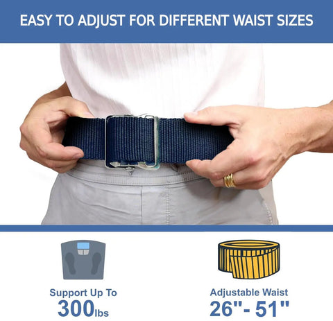 Seven Handle Gait Belt for Seniors Easy Quick Release Transfer Belt With buckle shown on person, fits waist 26-51 inches