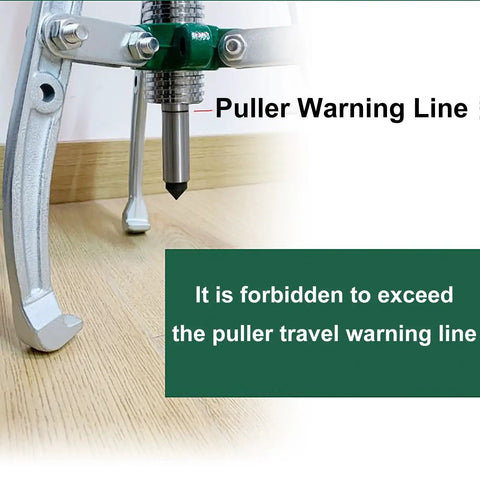 Beefy 50 Ton Hydraulic Gear Puller Tool Kit showing warning line on alloy steel body and non-slip handle, automotive repair essential.