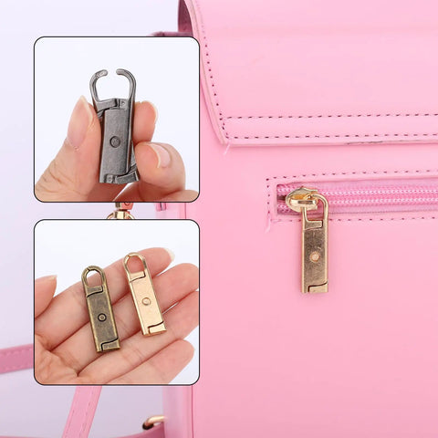 16 Piece Zipper Pull Replacement Set With Four Color Detachable Pullers for bags showing gold pull installed on pink bag