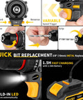 Close-up of Brushless 20V Cordless Drill Set With 2 Batteries showing keyless chuck, speed trigger, and LED light features.