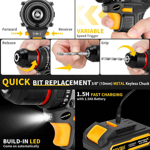 Close-up of Brushless 20V Cordless Drill Set With 2 Batteries showing keyless chuck, speed trigger, and LED light features.