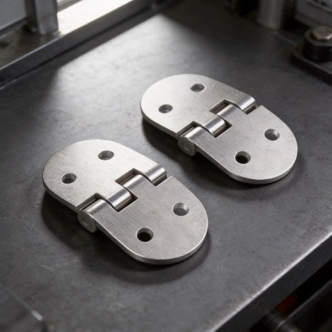 Two Pack Heavy Duty Oval Hinges in 316 Stainless Steel for Outdoor Cabinets, Boat And RV Doors, Marine Grade, Corrosion Resistant, Smooth Quiet Operation, Built Tough For Harsh Environments. Two oval 316 stainless steel hinges on dark surface