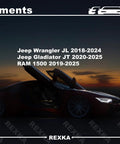 Jeep Wrangler JL 2018-2024, Gladiator JT 2020-2025, RAM 1500 2019-2025 fitments image with Jeep fender flare hardware kit focus.