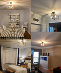Dope Industrial Rectangle Flush Mount Ceiling Light With Rotatable Metal Frame In Rustic Faux Wood Finish in dining room, bedroom, and hallway