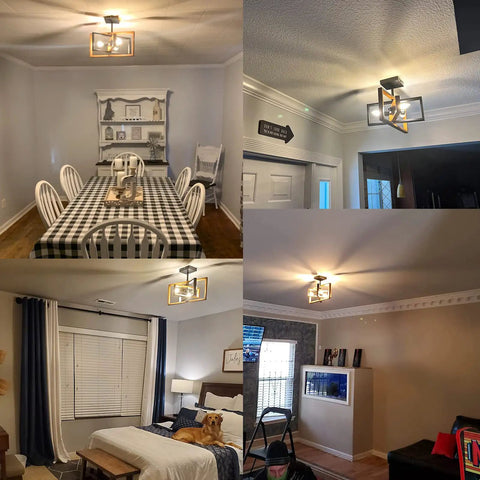 Dope Industrial Rectangle Flush Mount Ceiling Light With Rotatable Metal Frame In Rustic Faux Wood Finish in dining room, bedroom, and hallway