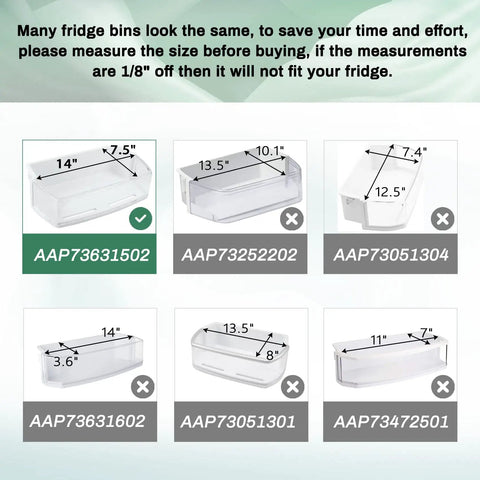 Dimensions and part numbers of refrigerator shelf bins for LG Kenmore Sears models with focus on AAP73631502 size details.