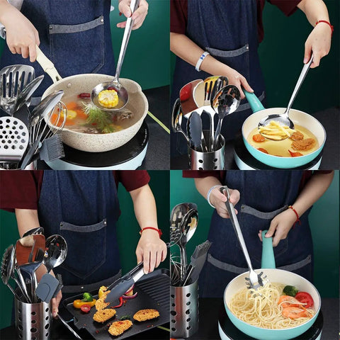 Stainless Steel 13 Piece All In One Kitchen Utensils Set With Holder Nonstick Heat Resistant Dishwasher Safe Includes pasta server, ladle.