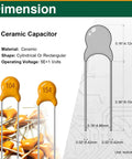 Ceramic Capacitor Kit 350 Pieces With Ten Values From 100nF To 10uF 50V MLCC dimensions and shape details shown.